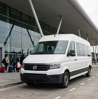 Minibús blanco esperando pasajeros en el terminal del aeropuerto