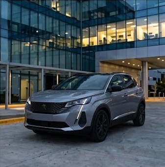 SUV Peugeot 3008 gris frente a un edificio de oficinas
